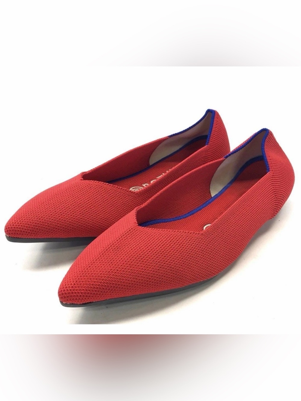 Rothy's Red Pointed-Toe Knit Flats with Blue Trim